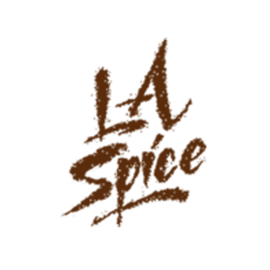 Logo with the words "LA Spice Catering" in a casual, brushstroke font, predominantly in a brown color palette.